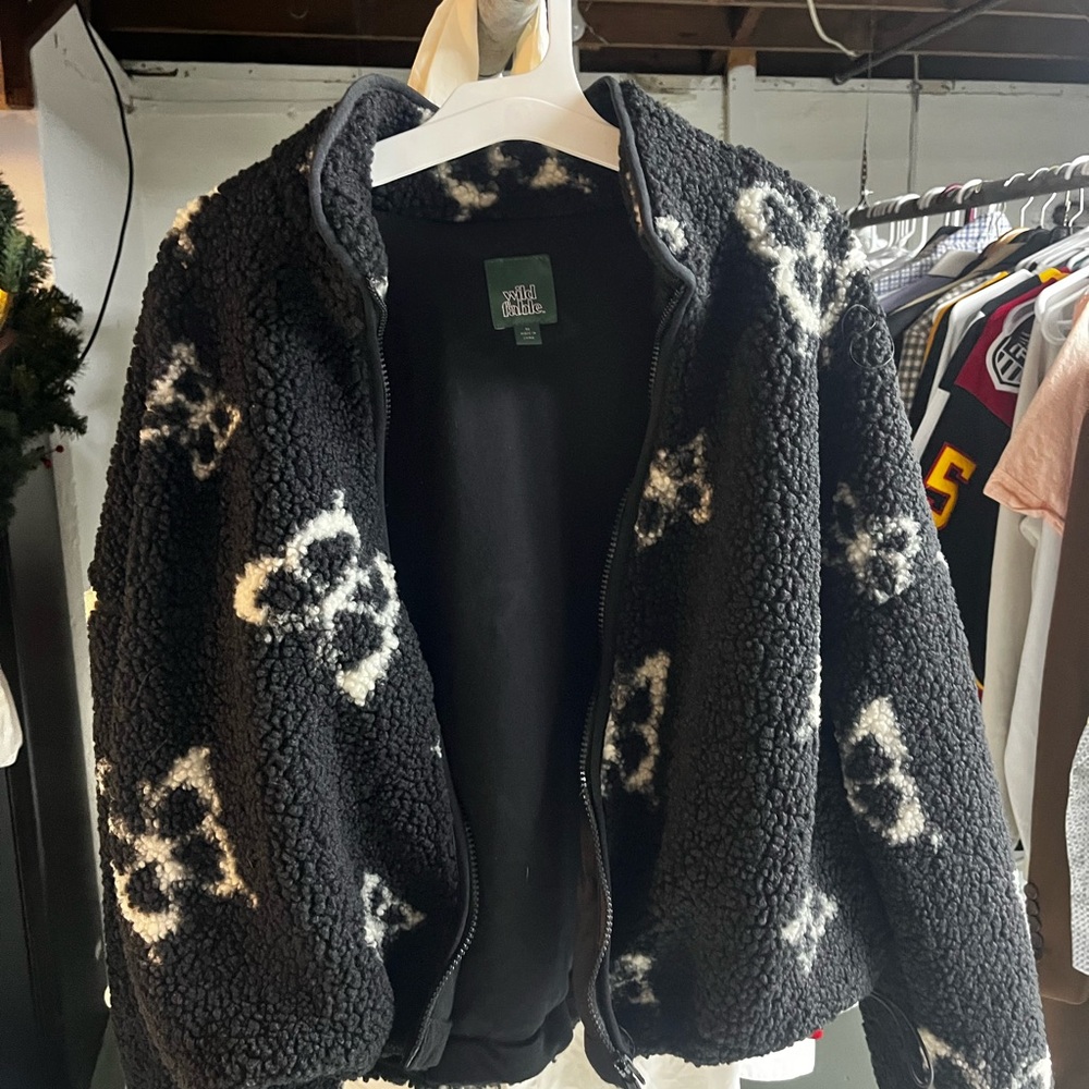 Black and White Butterfly Print Sherpa Jacket